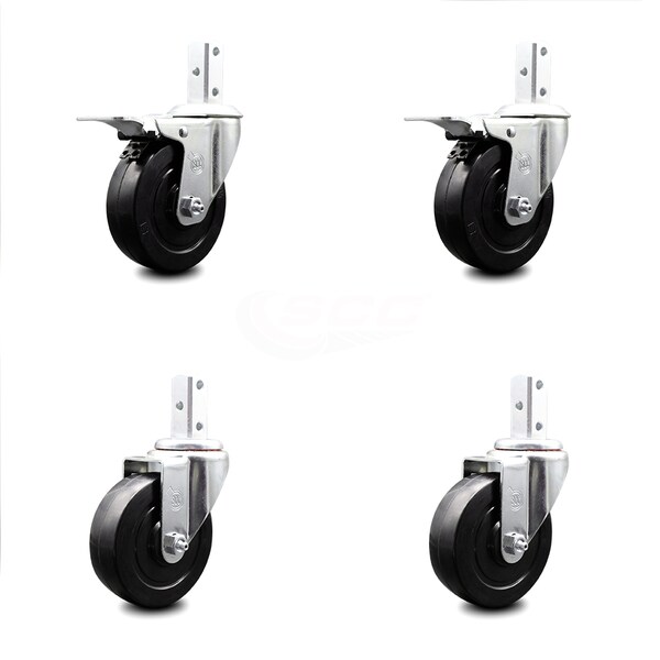 4 Inch Soft Rubber Swivel 3/4 Inch Square Stem Caster Total Lock Brakes, 2PK